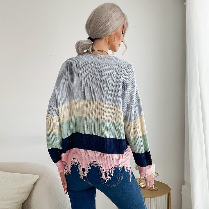 Damen Oversize Strickpullover mit V‑Ausschnitt, Streifenmuster und ausgefranstem Saum Drune
