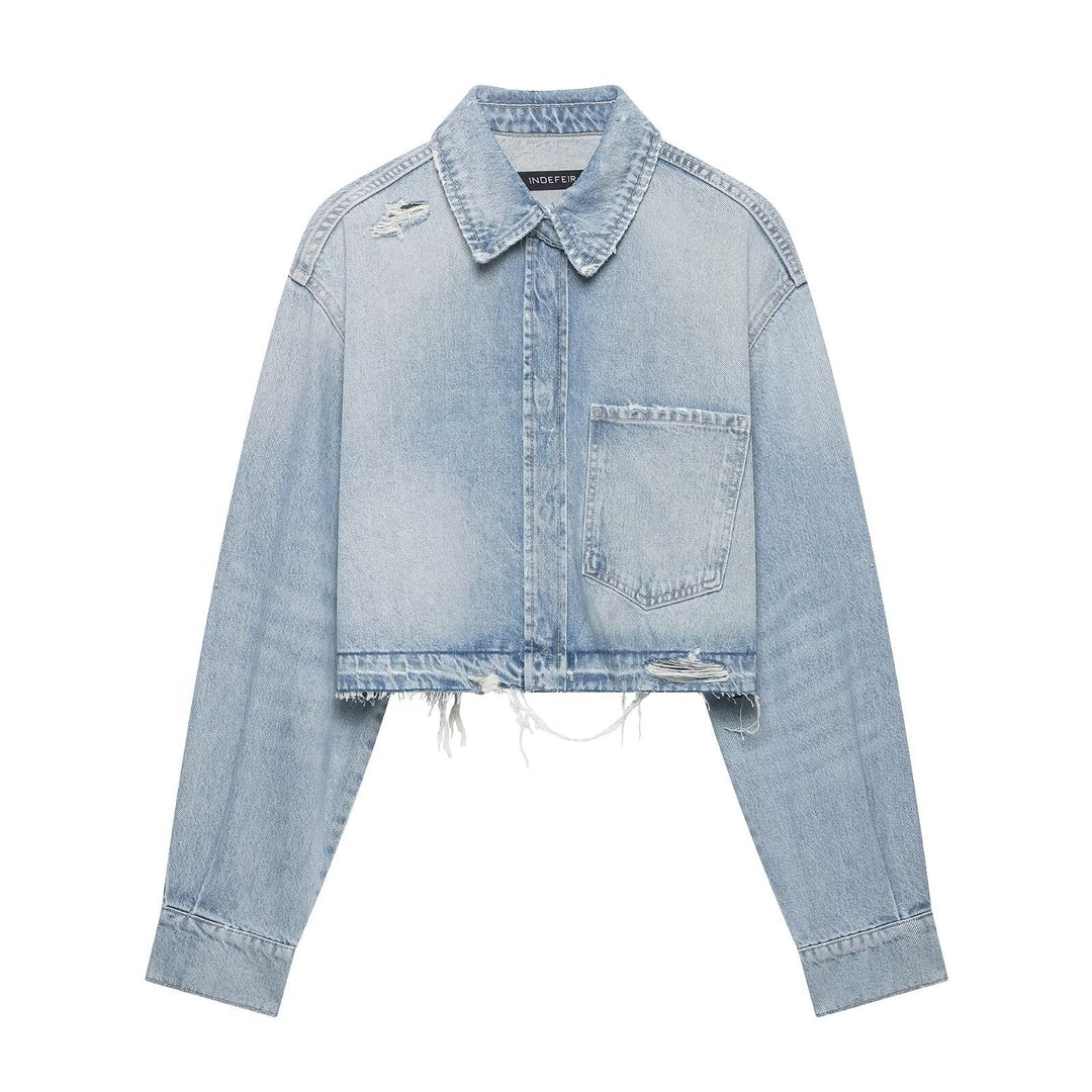 Damen Cropped Jeansjacke im Used‑Look mit ausgefranstem Saum und Oversize‑Ärmeln Drune