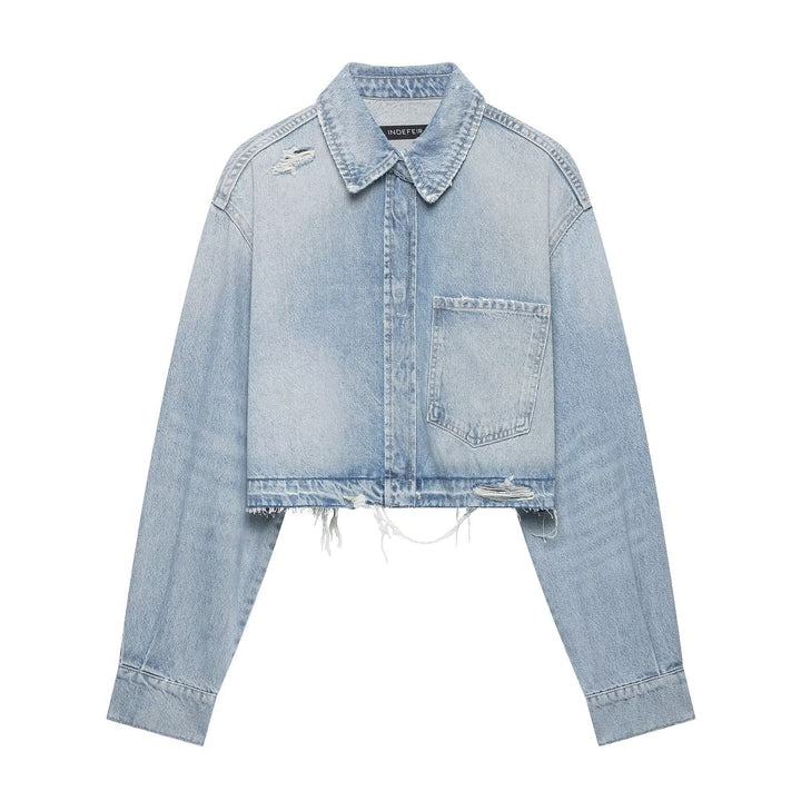 Damen Cropped Jeansjacke im Used‑Look mit ausgefranstem Saum und Oversize‑Ärmeln Drune