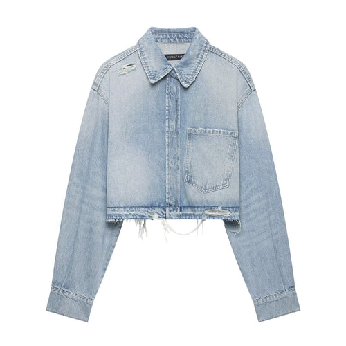 Damen Cropped Jeansjacke im Used‑Look mit ausgefranstem Saum und Oversize‑Ärmeln Drune