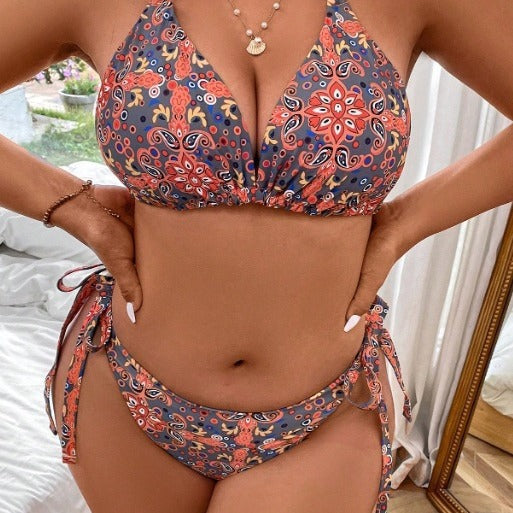 Damen Dreieck-Bikini mit buntem Muster und knotenförmigen Bindebändern Drune