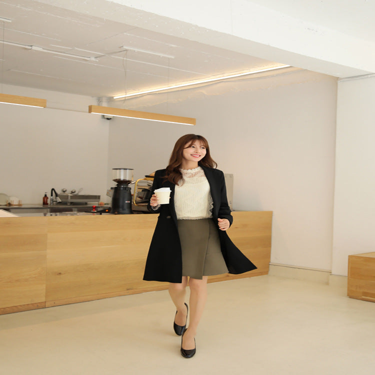 Damen Knieumspielender Einreihiger Wollmix-Longmantel im minimalistischen Tailoring Drune