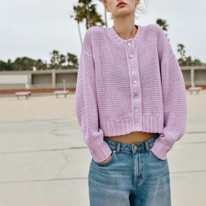 Damen Lockere Cropped-Strickjacke mit Knopfleiste und offener Struktur Drune