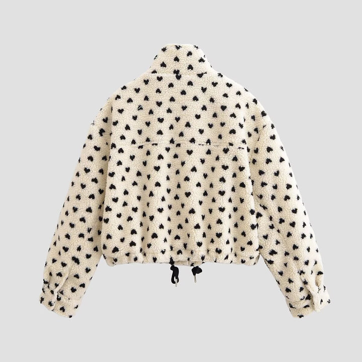 Damen Teddyjacke mit Stehkragen, Herzchen-Allover und Kordelzugsaum Drune