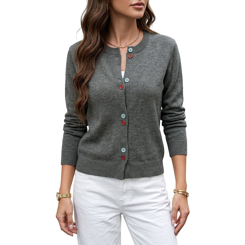 Damen Feinstrick-Cardigan mit kontrastfarbenen Knöpfen und rundem Ausschnitt Drune