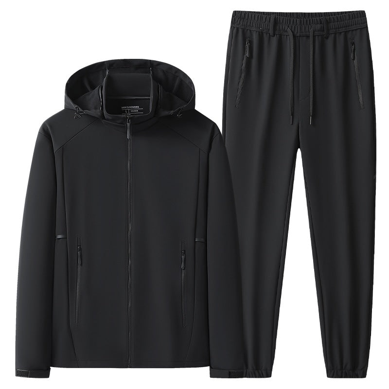 Herren Wetterfester Softshell-Trainingsanzug mit Kapuzen‑Zipjacke, Reißverschluss‑Taschen & konischer Jogginghose Drune