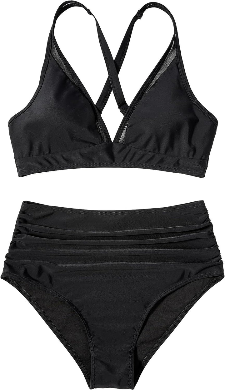 Damen Sportliches Bikini-Set mit verschränkten Trägern und hohem Schnitt Drune