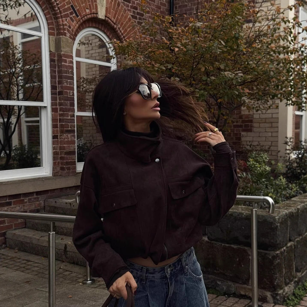 Damen Kurze Boxy‑Jacke in Velourslederoptik mit hohem Funnelkragen Drune