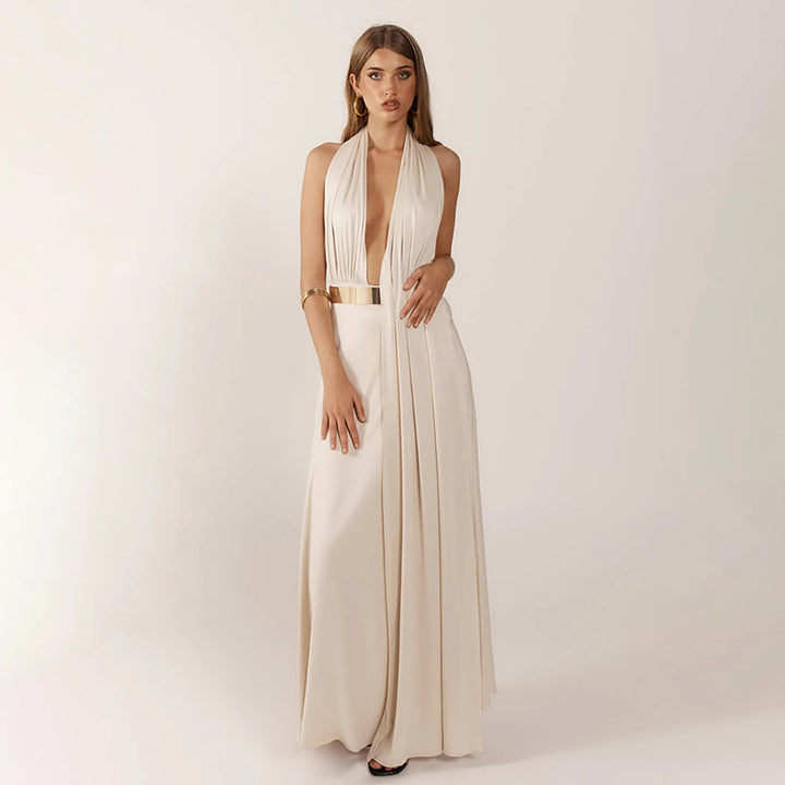 Damen Elegantes Maxikleid mit tiefem V-Ausschnitt und dekorativem Gürtel Drune