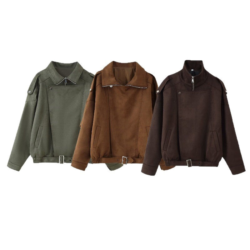 Damen Kurzjacke im Biker-Blouson-Stil mit Gürtel und asymmetrischer Klappe Drune