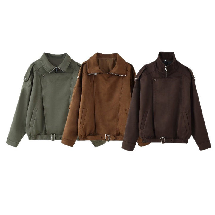 Damen Kurzjacke im Biker-Blouson-Stil mit Gürtel und asymmetrischer Klappe Drune