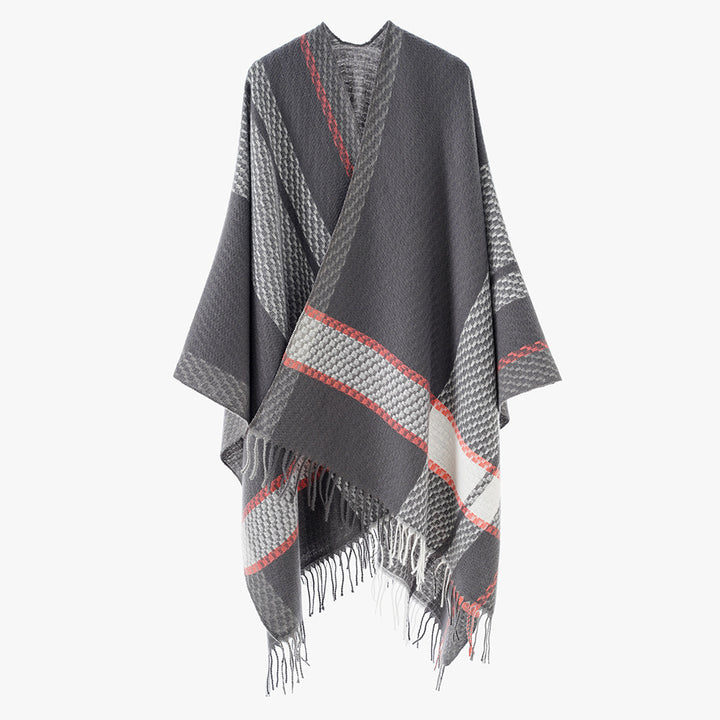Damen Capeponcho mit Fransen und kariertem Jacquard-Design Drune