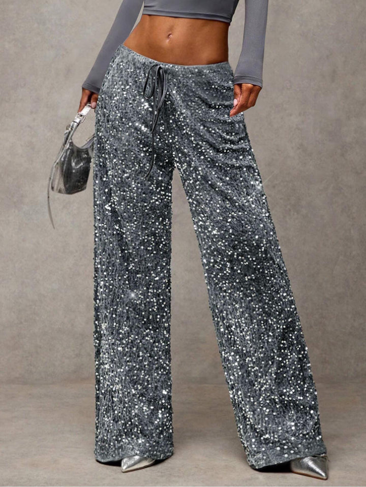 Damen Pailletten-Palazzohose mit hohem Bund und Kordelzug Drune
