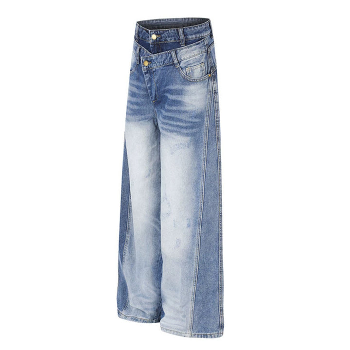 Damen Jeanshose mit weitem Culotte‑Schnitt, asymmetrischem Doppelbund und Kontrast-Seitenbahnen Drune