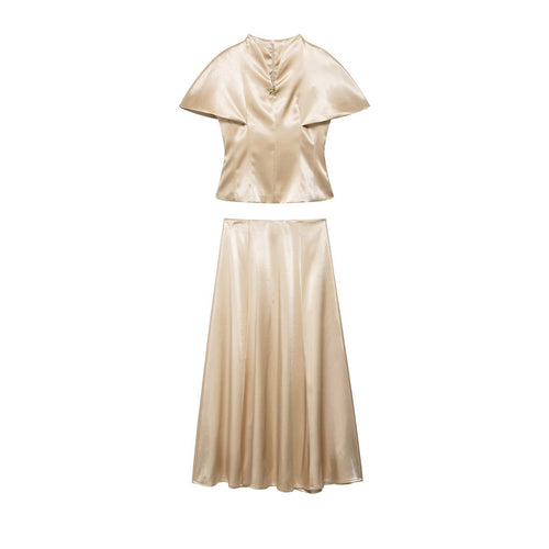 Damen Zweiteiliges Satin-Set mit Cape-Top und fließendem A-Linien-Rock Drune