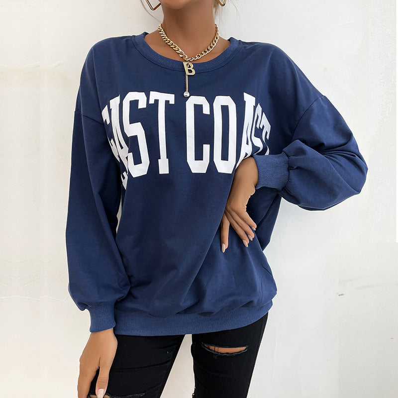 Damen Lockeres Rundhals-Sweatshirt im Collegestyle mit Blockschrift-Print und geripptem Saum Drune