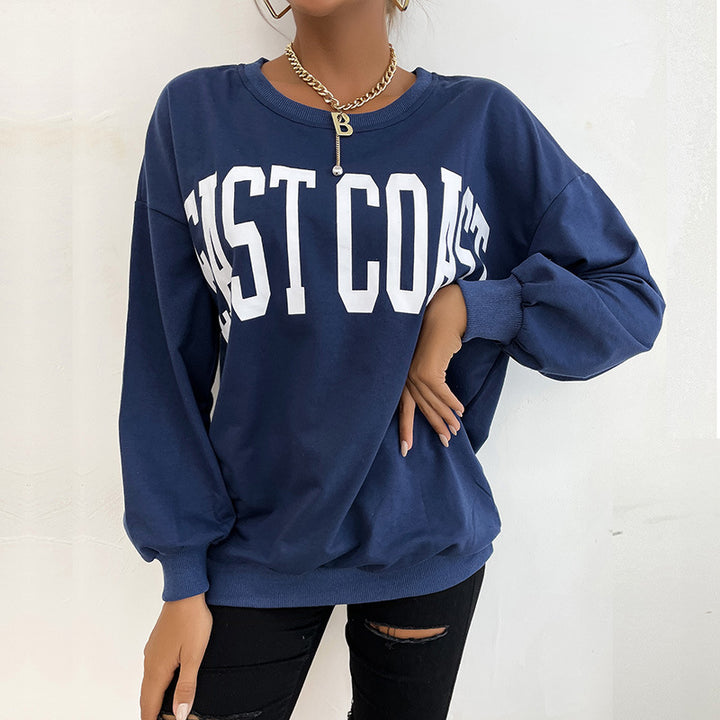 Damen Lockeres Rundhals-Sweatshirt im Collegestyle mit Blockschrift-Print und geripptem Saum Drune