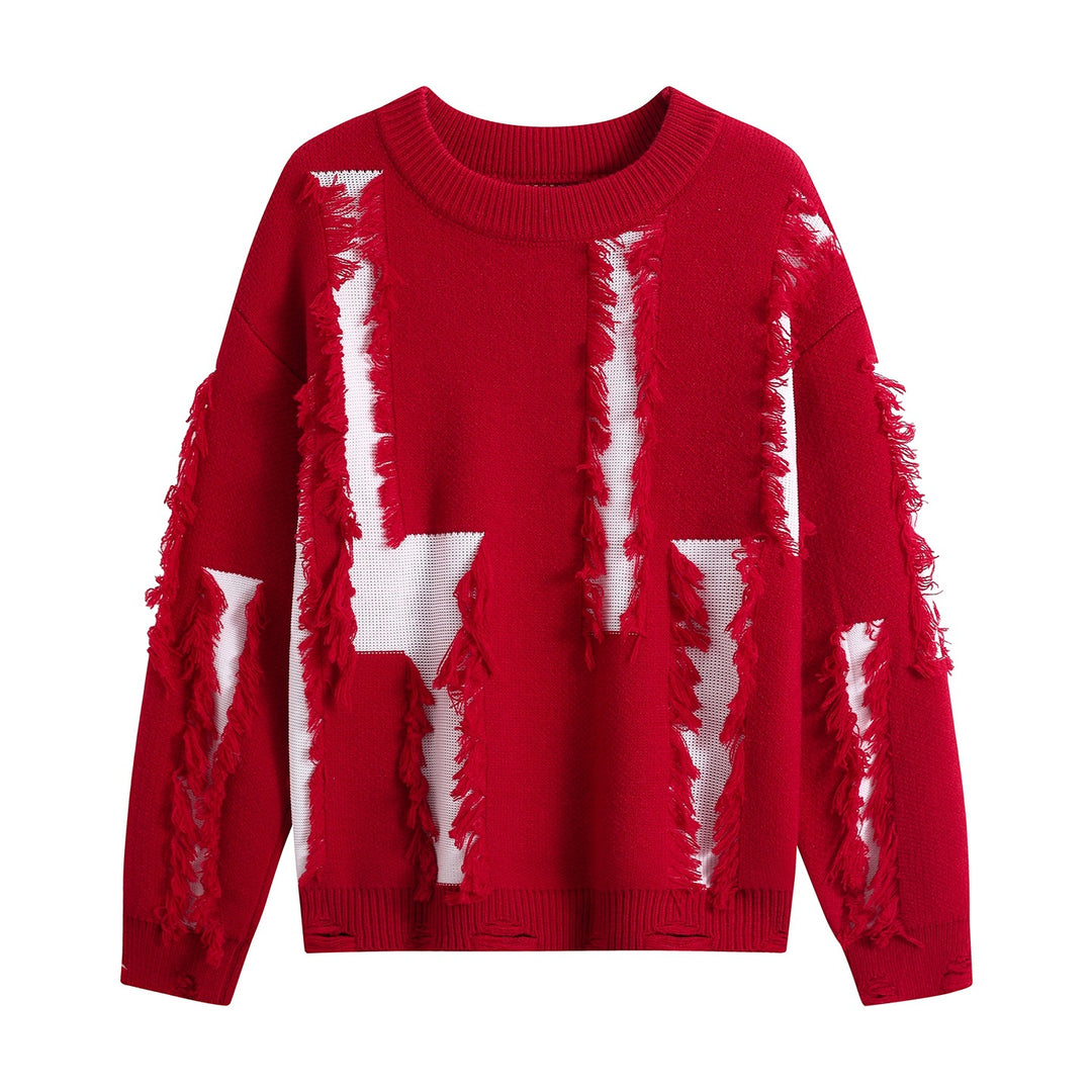 Damen Oversize Strickpullover mit Fransenapplikationen und Destroy-Look Drune