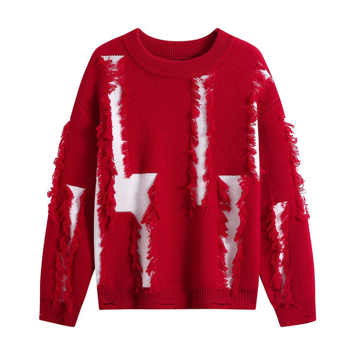 Damen Oversize Strickpullover mit Fransenapplikationen und Destroy-Look Drune