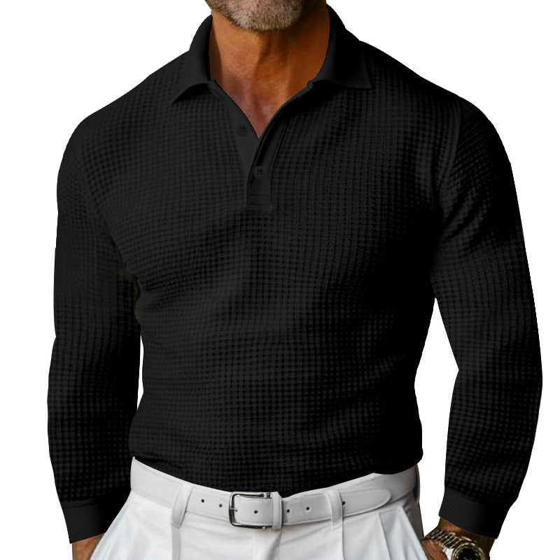 Herren Waffelstruktur-Poloshirt mit Langarm, Slim-Fit und Kentkragen Drune