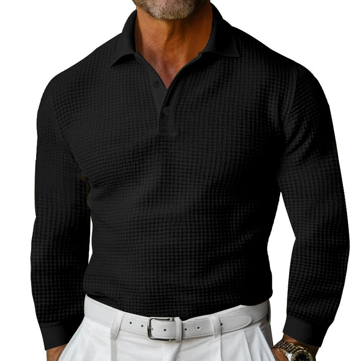 Herren Waffelstruktur-Poloshirt mit Langarm, Slim-Fit und Kentkragen Drune