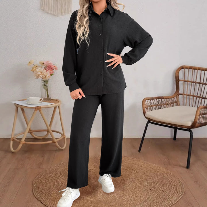 Damen Geripptes Oversize-Hemd mit Hemdkragen und Ballonärmeln Drune