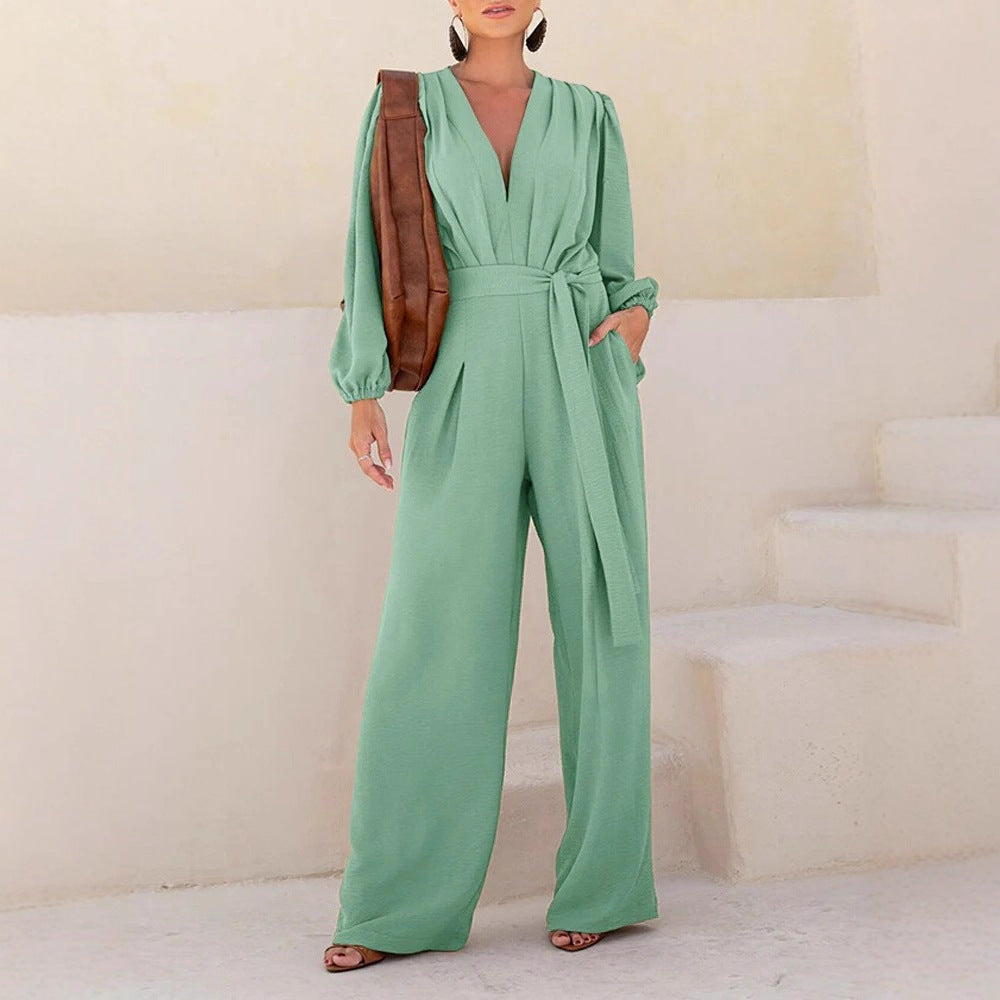 Damen Eleganter Palazzo-Jumpsuit mit tiefem V‑Ausschnitt, Bindegürtel und Ballonärmeln Drune