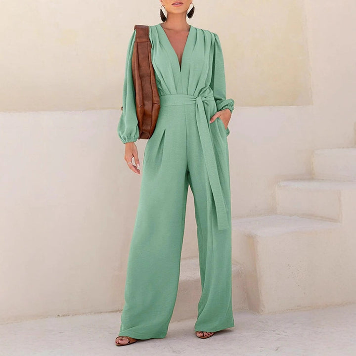 Damen Eleganter Palazzo-Jumpsuit mit tiefem V‑Ausschnitt, Bindegürtel und Ballonärmeln Drune