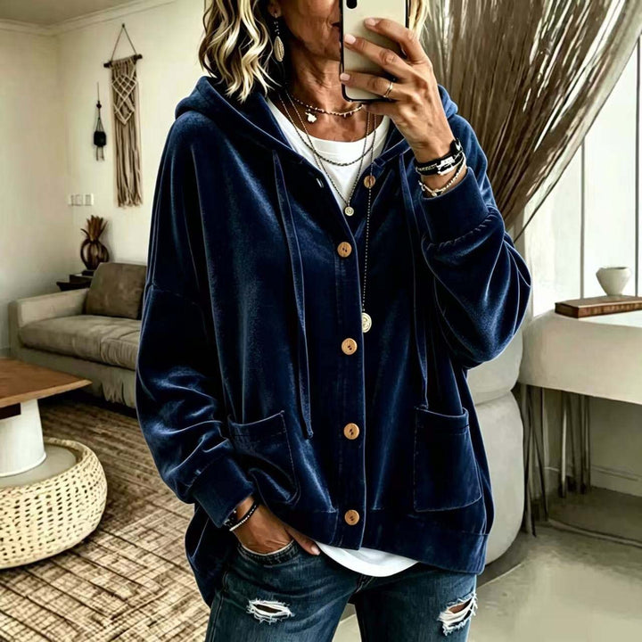 Damen Oversize Kapuzen-Samtjacke mit Knopfleiste und aufgesetzten Taschen Drune