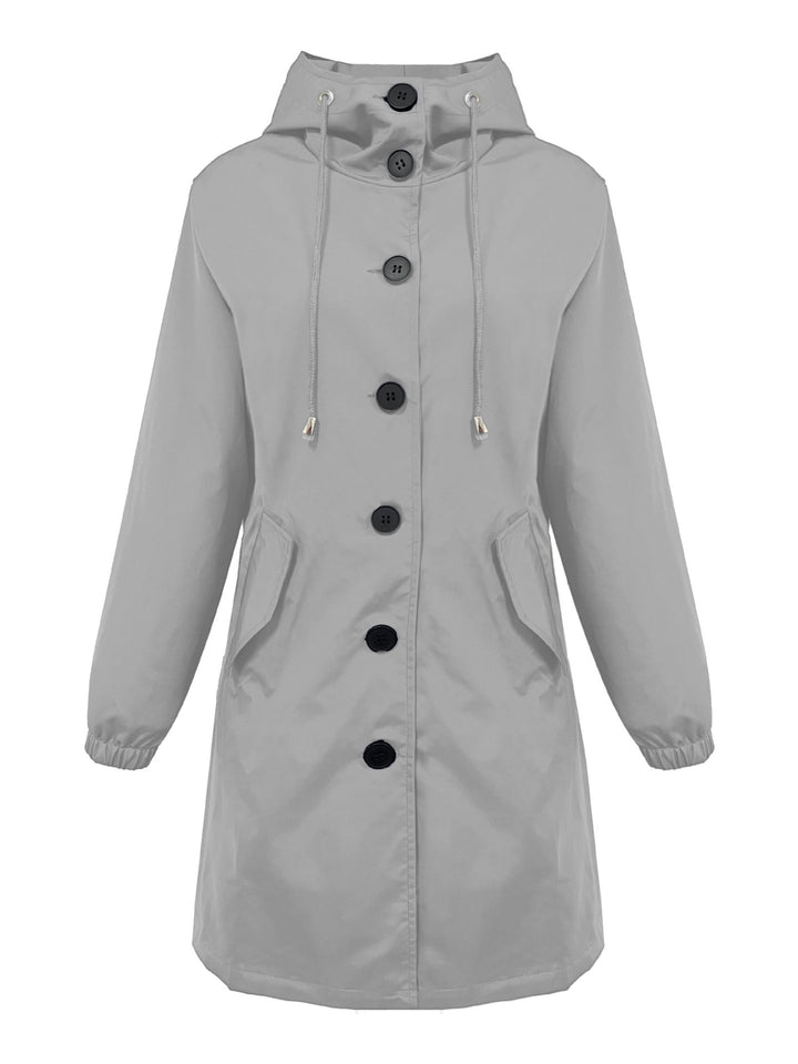 Damen nan leichter Regenparka mit Kapuze, überlanger Knopfleiste, Tunnelzug und aufgesetzten Taschen Drune