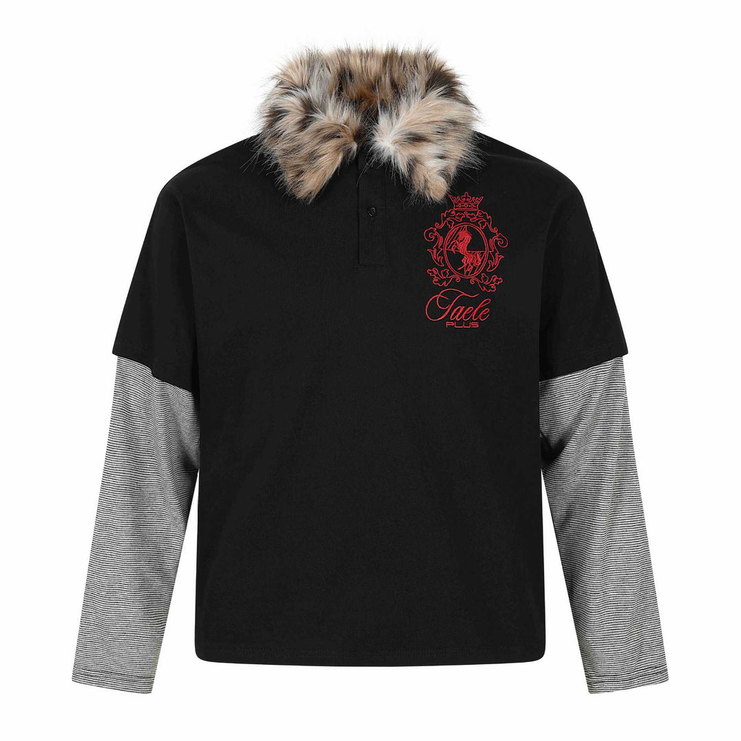 Damen Layered-Optik Langarm-Polo mit Kunstfellkragen und Wappenstickerei Drune