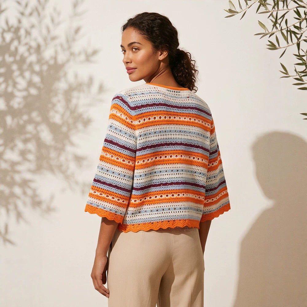 Damen gehäkelte Kurzjacke mit Muschelsaum, 3/4-Ärmeln & feinem Lochmuster Drune