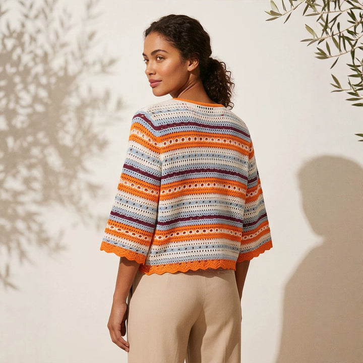 Damen gehäkelte Kurzjacke mit Muschelsaum, 3/4-Ärmeln & feinem Lochmuster Drune