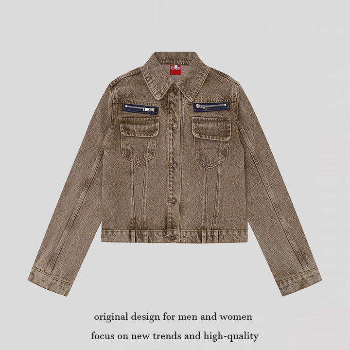 Damen kurze Vintage-Denimjacke mit Brusttaschen, Reißverschluss-Detail und Knopfleiste Drune
