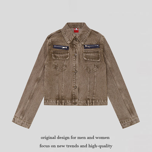 Damen kurze Vintage-Denimjacke mit Brusttaschen, Reißverschluss-Detail und Knopfleiste Drune