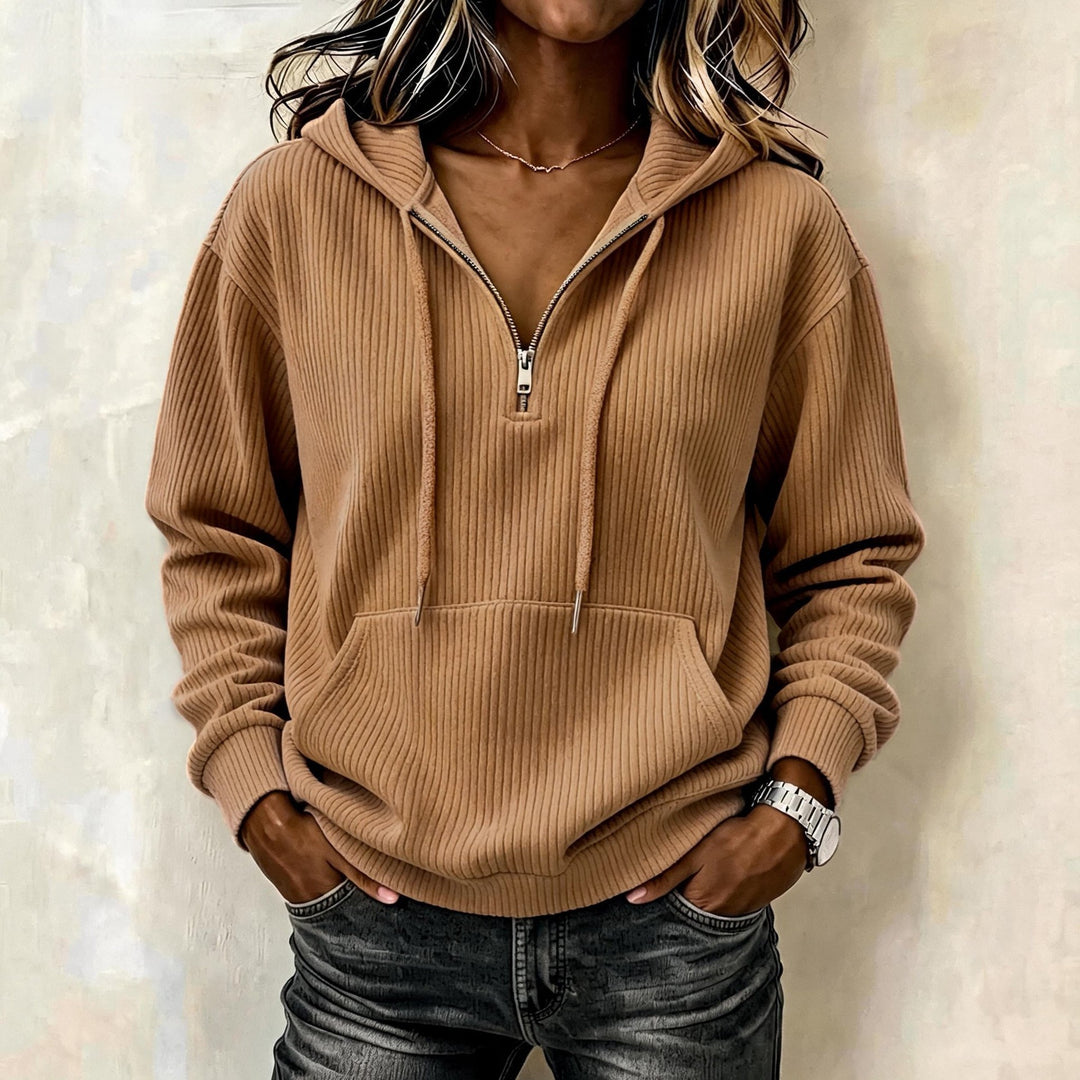 Damen Gestrickter Ripp-Hoodie mit halbem Reißverschluss, Kängurutasche und Oversize-Schnitt Drune