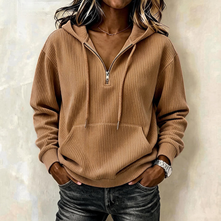 Damen Gestrickter Ripp-Hoodie mit halbem Reißverschluss, Kängurutasche und Oversize-Schnitt Drune