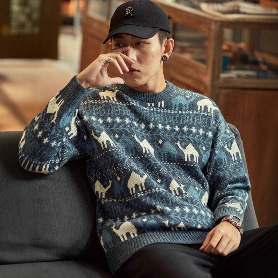 Herren Strickpullover mit Kamel-Jacquardmuster und geripptem Saum Drune