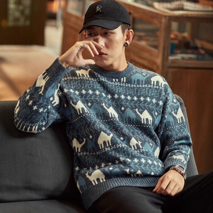 Herren Strickpullover mit Kamel-Jacquardmuster und geripptem Saum Drune
