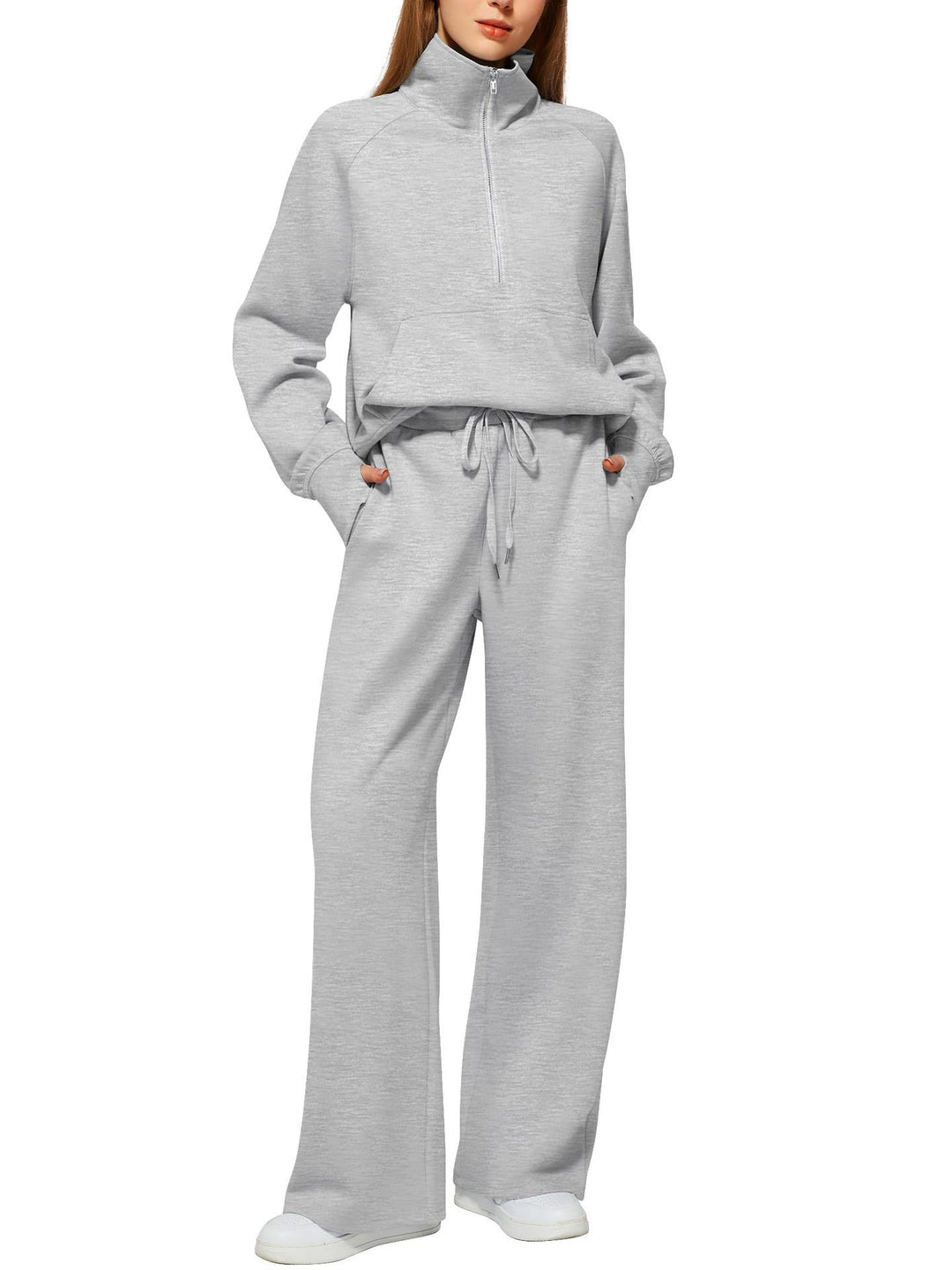 Damen nan halbzip Lounge-Set mit hohem Stehkragen, Kängurutasche und weiten Highwaist-Jogginghose Drune