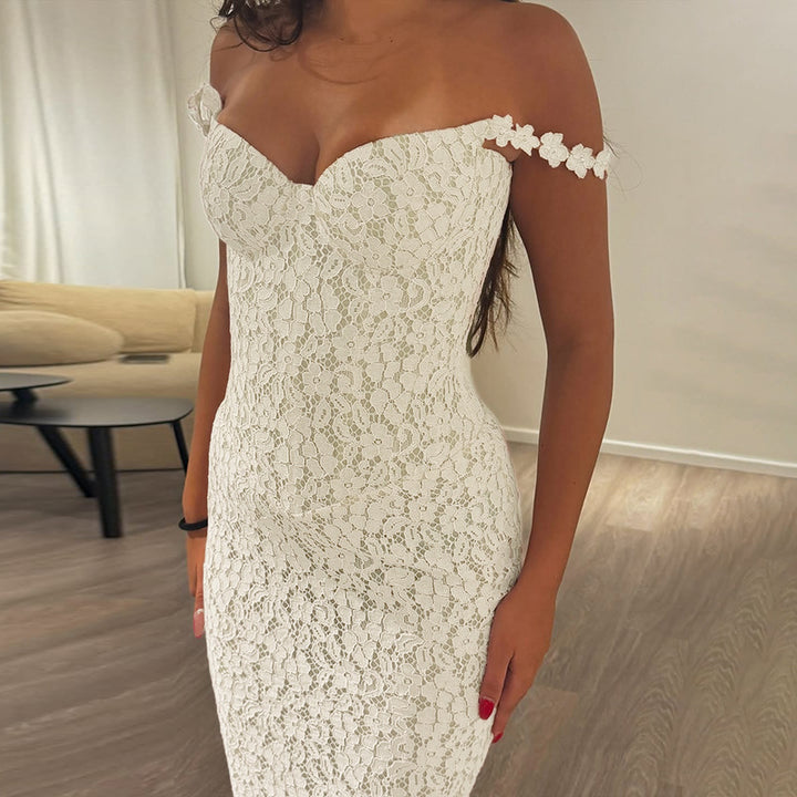 Damen elegantes Maxikleid mit Spitze und verführerischem Herzausschnitt Drune