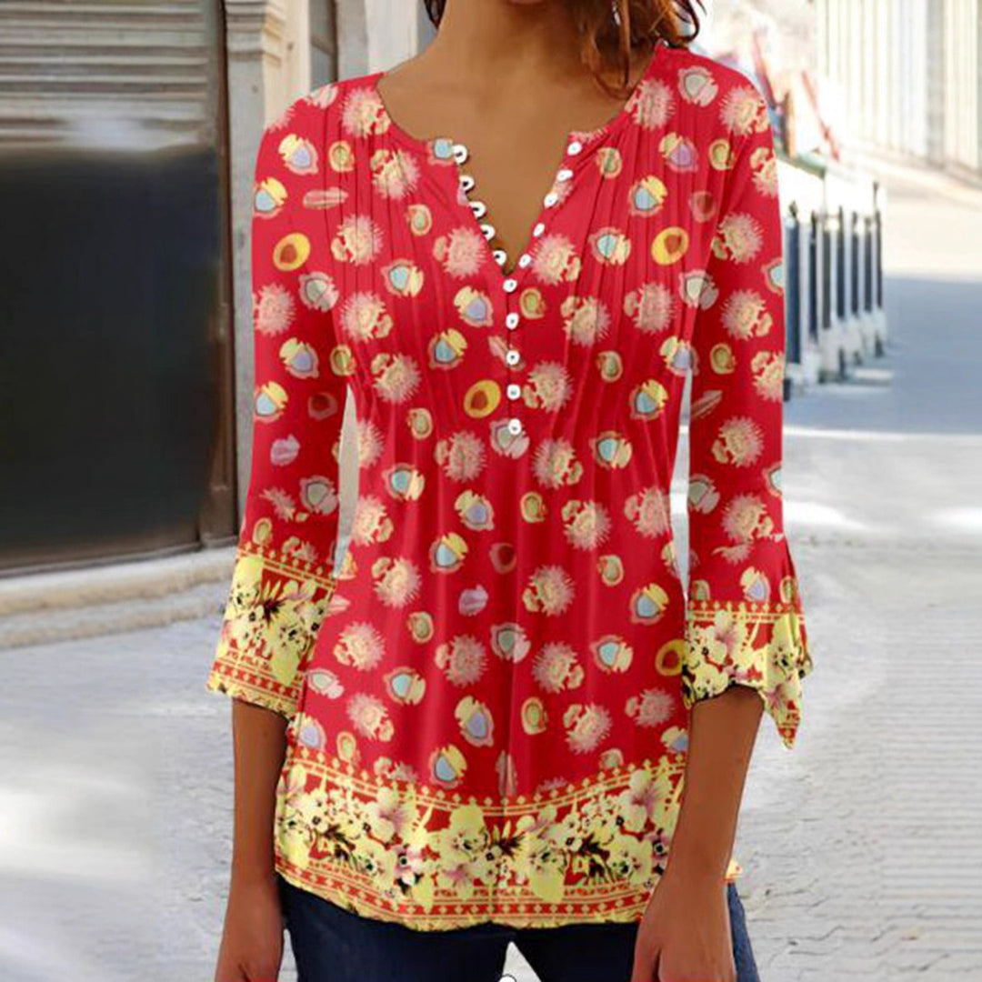 Damen nan leichte Boho-Bluse mit V-Ausschnitt, Zierfalten, Knopfleiste und dreiviertelärmeln Drune