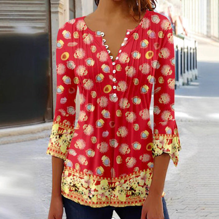 Damen nan leichte Boho-Bluse mit V-Ausschnitt, Zierfalten, Knopfleiste und dreiviertelärmeln Drune
