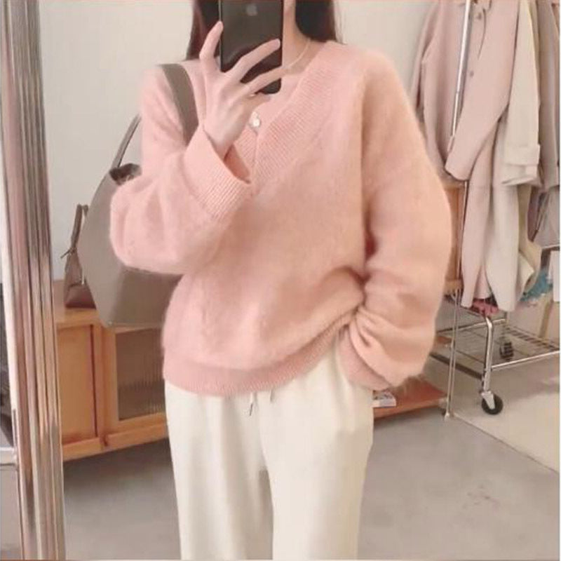 Damen Flauschiger V-Ausschnitt Pullover aus Mohair Drune