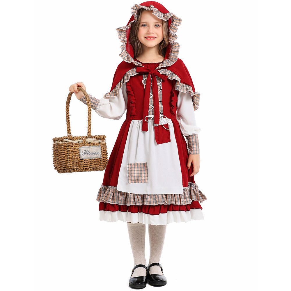 Mädchen Märchenhaftes Rotkäppchen Kostüm mit Kapuze und Rüschen Drune