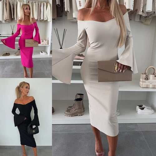 Damen Figurbetontes Wickelkleid mit schulterfreiem Design und weit geschnittenen Ärmeln Drune