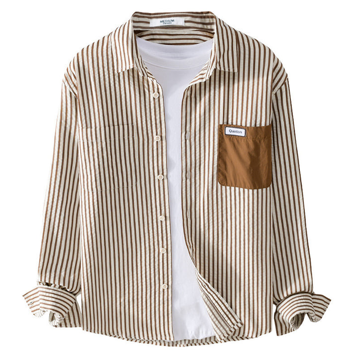 Herren Gestreiftes Langarm-Overshirt aus Baumwollmix mit kontrastierter Brusttasche Drune