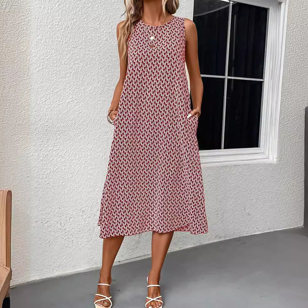 Damen nan ärmelloses Sommer-Midikleid in A-Linie mit Rundhalsausschnitt, seitlichem Beinschlitz und legerem Fall Drune