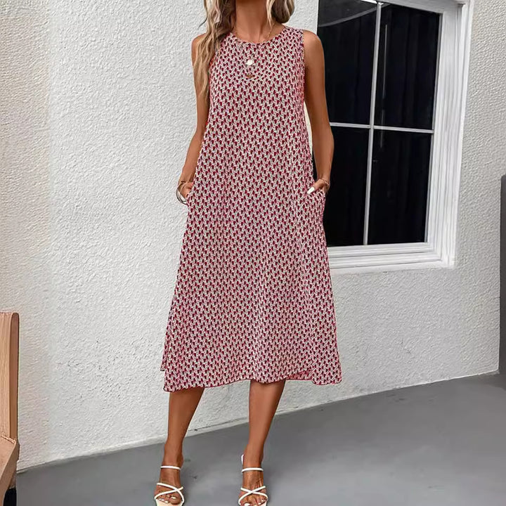 Damen nan ärmelloses Sommer-Midikleid in A-Linie mit Rundhalsausschnitt, seitlichem Beinschlitz und legerem Fall Drune
