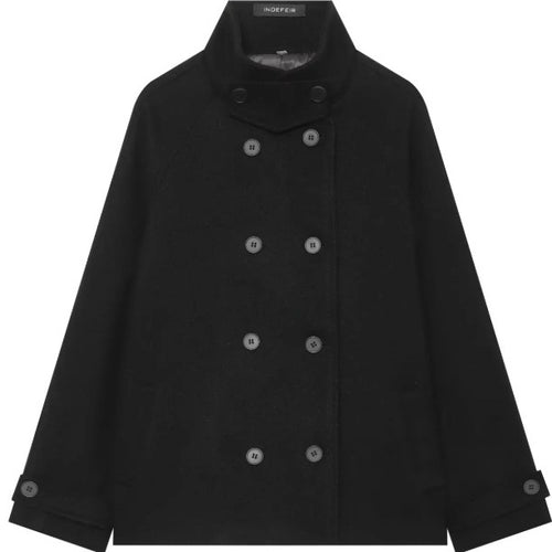 Damen Kurzer doppeltreihiger Wollmix‑Cape‑Mantel mit Stehkragen und Raglanärmeln Drune